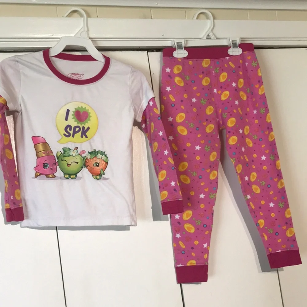 Shopkins Moose Girls Pajama Set Size 8 Pink White 2pc Long Sleeve Kids Sleep - Picture 1 of 7
